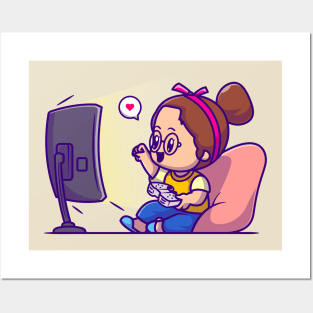 Cute Girl Playing Game Cartoon Posters and Art